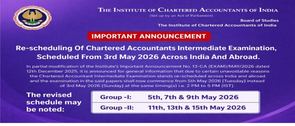 CA Inter May 2026 revised schedule